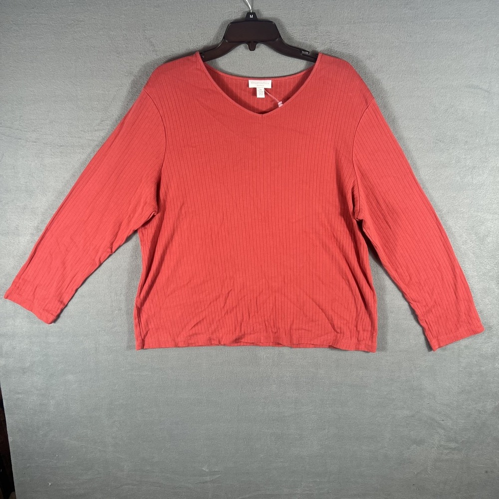 Charter Club Woman Plus Size 2X Ribbed V-Neck Long Sleeve T-Shirt Top Rust Red